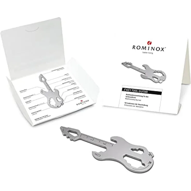 ROMINOX Key Tool Guitar, Multitool mit 19 Funktionen, Edelstahl Schlüsselanhänger für Gitarre, originelles Geschenk für Adventskalender