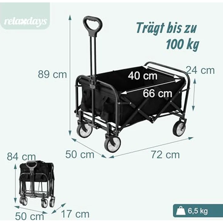 Relaxdays Bollerwagen, faltbar, Transportwagen mit 100 kg Traglast, Teleskopgriff, Oxford-Gewebe, für Einkauf, Camping und Strand, schwarz – Bild 4