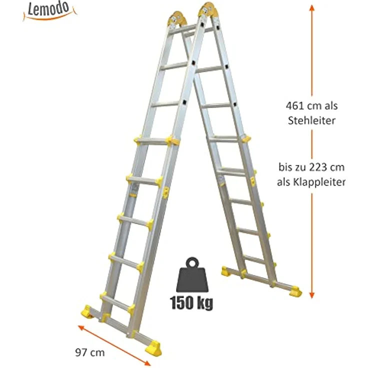 Alu Teleskopleiter ausziehbar | 20 Sprossen Leiter klappbar 4-teilig | 461 cm Länge | Gelenkleiter Klappleiter Stehleiter Aluleiter Anlegeleiter Bockleiter | bis 150 kg – Bild 2
