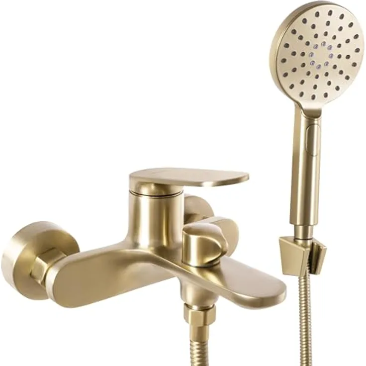 Rea Badewannenarmatur Marco, Komplettset mit Handbrause, gebürstetes Gold, ergonomisches Design - 19X15X11,5CM