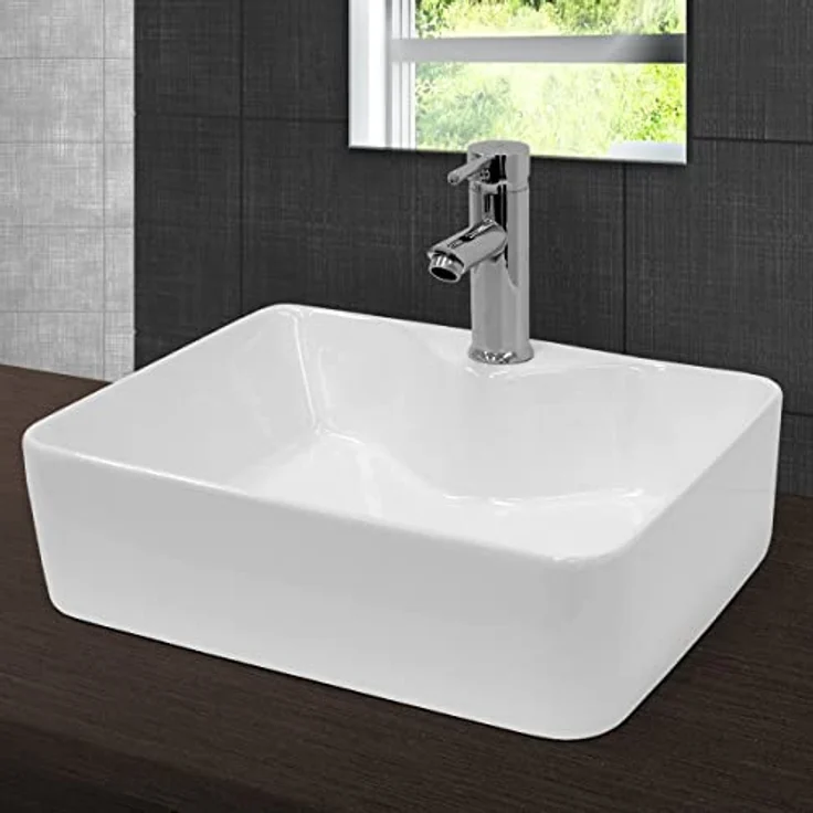 ECD Germany Design Waschbecken Waschtisch 480 x 380 x 140 mm inkl. Ablaufgarnitur für Waschbecken ohne Überlauf - Keramik Weiß Aufsatzbecken Aufsatzwaschbecken Waschschale Aufsatzwaschtisch Spülbecken – Bild 5