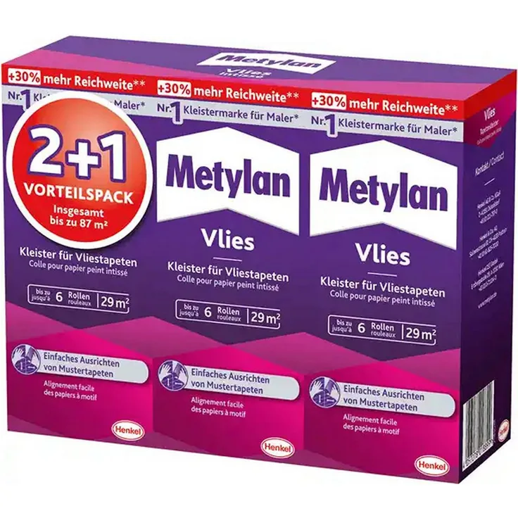 Metylan Vlieskleister, 3er Pack à 180 g, für Vliestapeten und Mustertapeten, reichhaltig für bis zu 87 m²