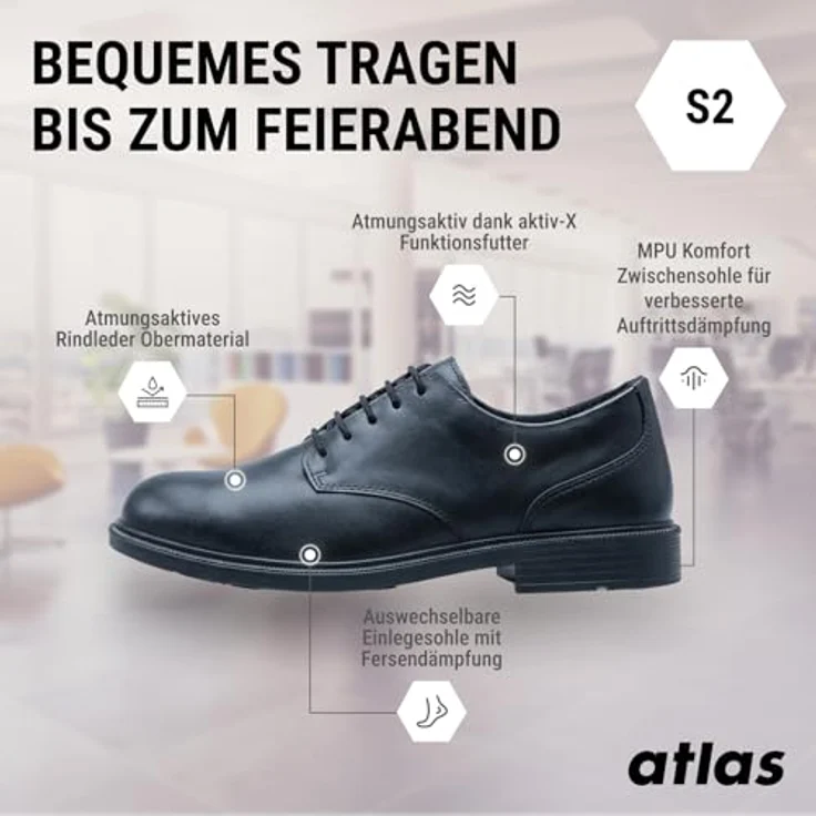 Atlas Schuhe Atlas CX 340 Office Arbeitsschuh, S2 SRC Sicherheitsschuh mit Stahlkappe, Schwarz, Größe 39-48 – Bild 3