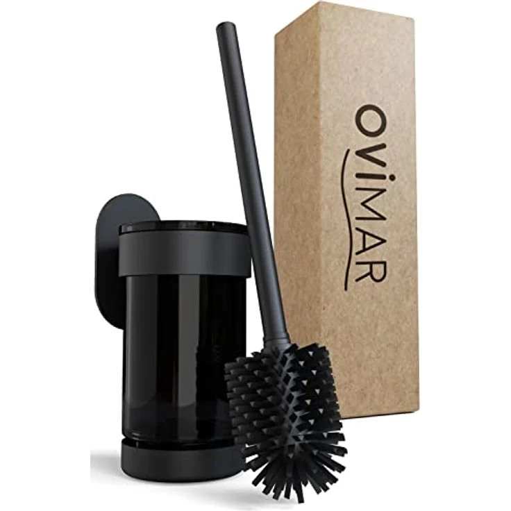 ovimar Toilettenbürste Finnkona | schwarz | Wandhalterung ohne Bohren | Silikon Klobürste | Belüftungsfunktion | zum Kleben | aus pulverbeschichtetem Edelstahl | WC Bürstenkopf wechselbar – Bild 1