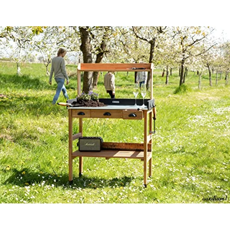 WONDERMAKE Pflanztisch aus Kirschbaum Holz groß mit Schubladen wetterfest Garten-Arbeitstisch, XL für Outdoor Balkon, dunkel-braun/schwarz – Bild 3