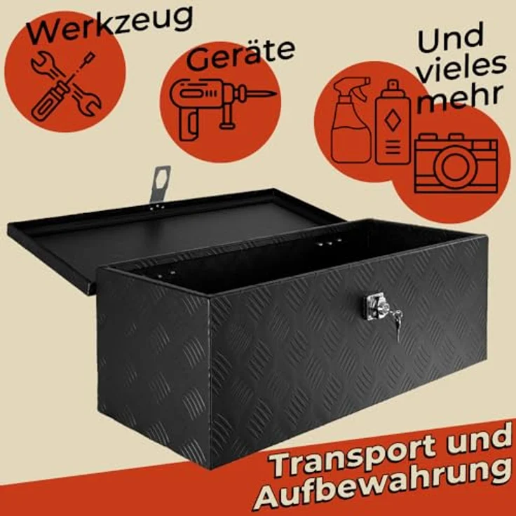 Trucky Deichselbox D050, schwarze Aluminium Werkzeugkiste mit abschließbarem Deckel, 68 x 31 x 25 cm, wasserdicht und robust – Bild 3