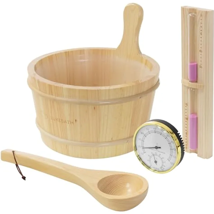 LuxeBath Saunazubehör-Set, 4-teilig aus massivem Kiefernholz, inkl. Aufgusskübel 4,5L mit Kunststoffeinsatz, Thermometer-Hygrometer & 15 Min. Sanduhr, langlebiges Sauna Zubehör