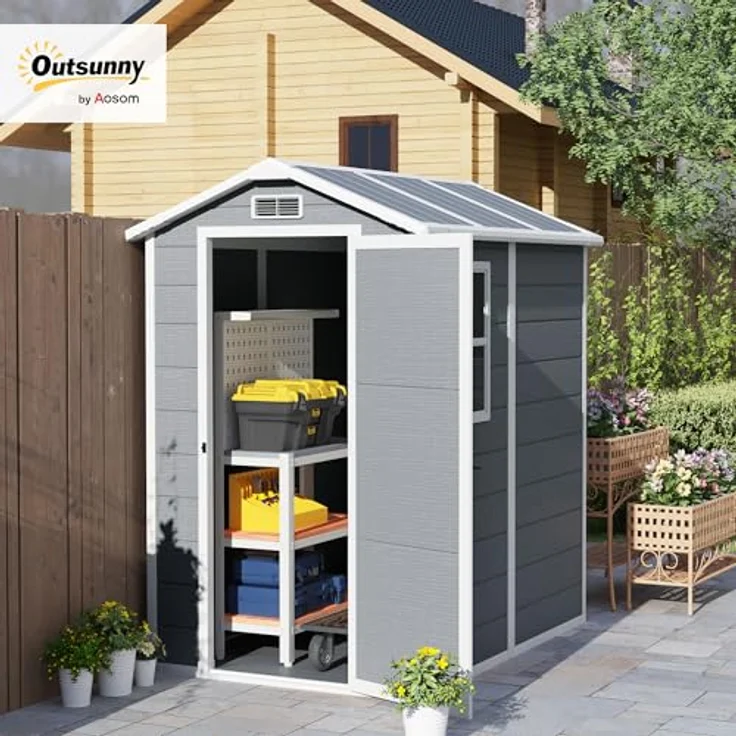 Outsunny Gerätehaus 2,1m², Wasserdichtes Gartenhaus mit Pultdach, Abschließbarer Tür und Aluminiumrahmen, Grau – Bild 2