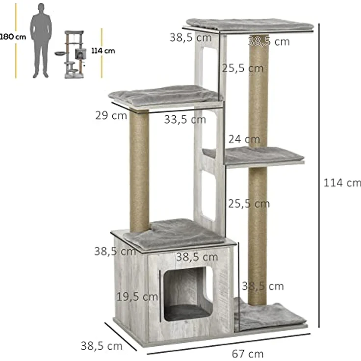 PawHut Kratzbaum aus Holz Katzenbaum Groß, Katzenkratzbaum mit Katzenhaus, Katzenmöbel mit Mehrstöckigem Katzen Aktivitätszentrum Jute Plüsch Grau 67 x 38,5 x 114 cm – Bild 3