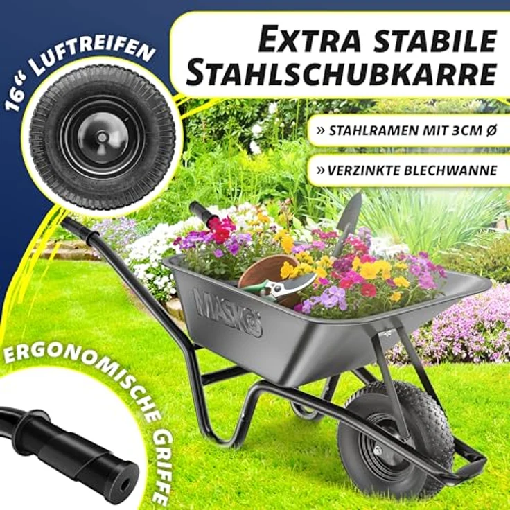 MASKO® Schubkarre 100 Liter, Bauschubkarre mit 250 kg Traglast, Luftreifen auf Stahlfelge, verzinkter Stahlrahmen, inkl. Ersatzschlauch und Handschuhe – Bild 3