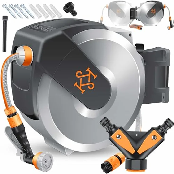 KESSER® Schlauchtrommel mit 25m Gartenschlauch, Wandmontage, 180° schwenkbar, automatische Aufrollung, inklusive 7-Funktionen Handbrause