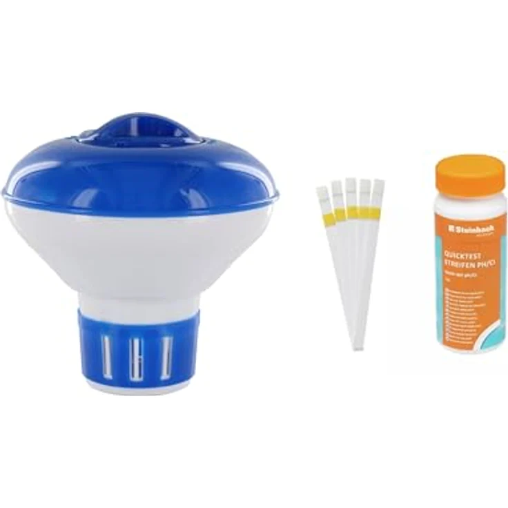 Steinbach Quicktest Streifen Kit mit Dosierschwimmer Mini, 12,5 cm Ø, für bis zu 20 g Tabletten, für sauberes und kristallklares Poolwasser – Bild 1