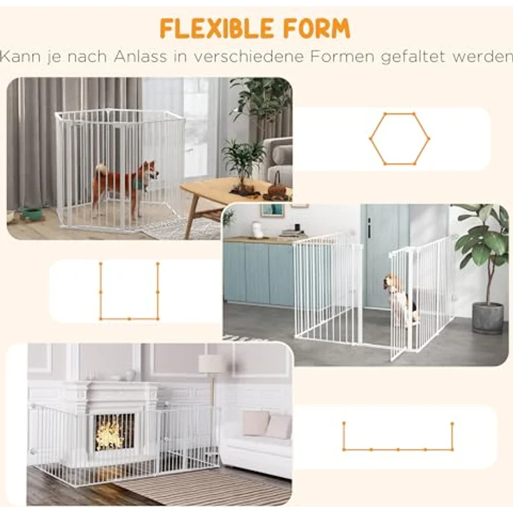 PawHut Welpenauslauf klappbar, 90 cm Hoch, Absperrgitter Hunde, Absperrgitter mit 6 Platten, Freilaufgehege, Freistehendes Kaminschutzgitter, Freigehege für mittelgroße Hunde, Stahl, Weiß – Bild 4