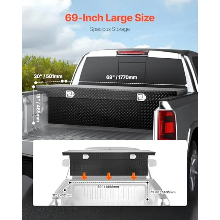 VEVOR Crossover Lkw Werkzeugkasten, abschließbare & wasserdichte Aluminium Truckbox (1770 x 501 x 465 mm) mit Diamantstruktur, schwarz, großes Lagervolumen, ideal für Outdoor-Anwendungen – Bild 2