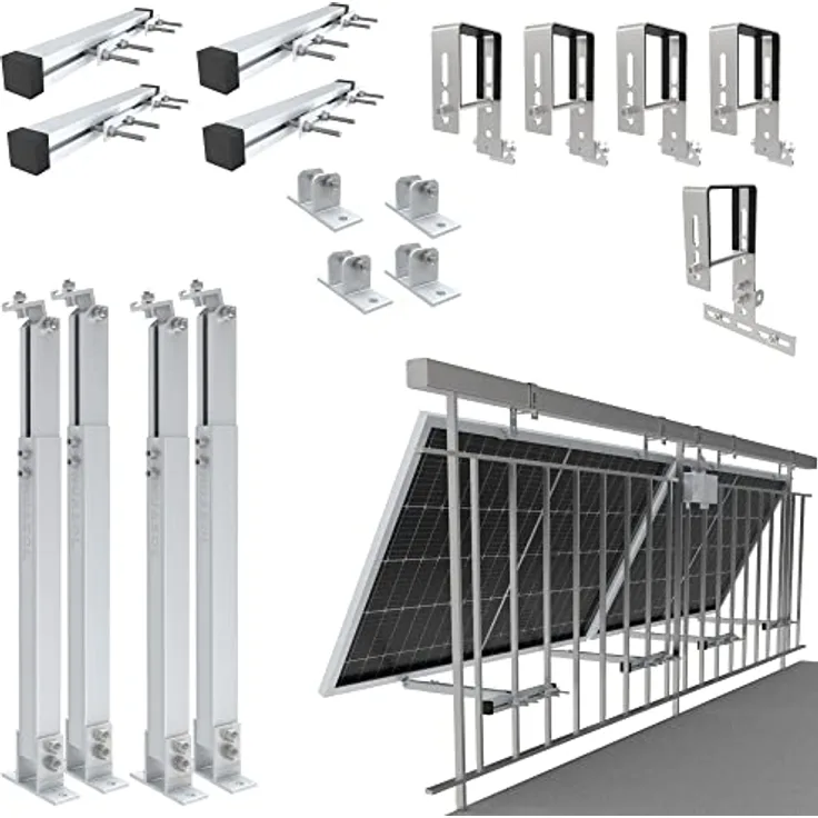 NuaSol Balkonkraftwerkhalterung Geländer Befestigung für 2 Solarmodule und ein Wechselrichter Photovoltaik | Eckig | Neigungswinkel 0° & 25-45° | Geländerbreite bis 80x80mm | Silber