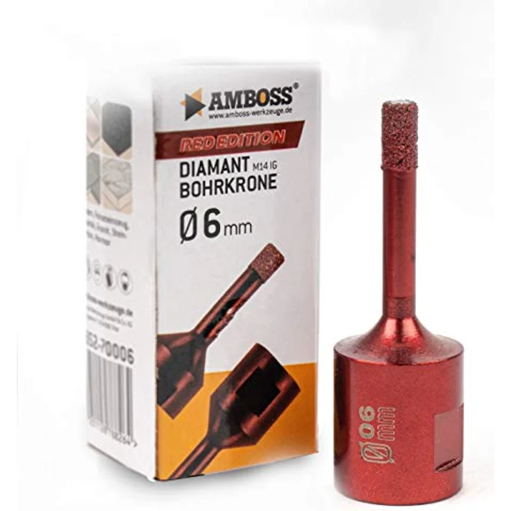 Amboss RED EDITION M14 Diamant Bohrkrone - für Winkelschleifer - Feinsteinzeug, harte Fliesen, Granit/Die ideale Trockenbohrkrone (Ø 6 mm) – Bild 1