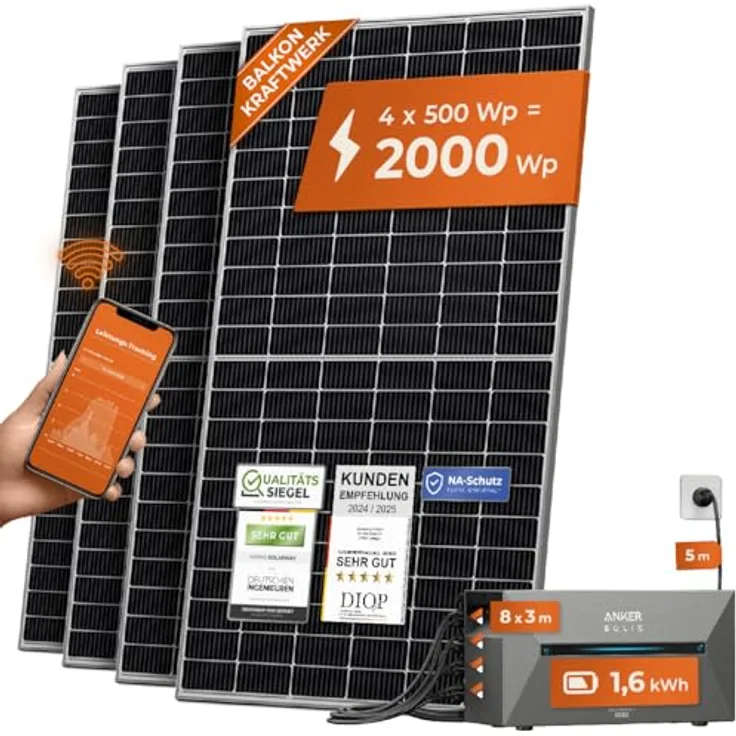 Solarway® All In One Balkonkraftwerk mit Speicher 2000W komplett Steckdose - 1,6 kWh Anker Solix 2 PRO Speicher - Solaranlage Komplettset - 500W Solarmodule & Anker Speicher & Zubehör