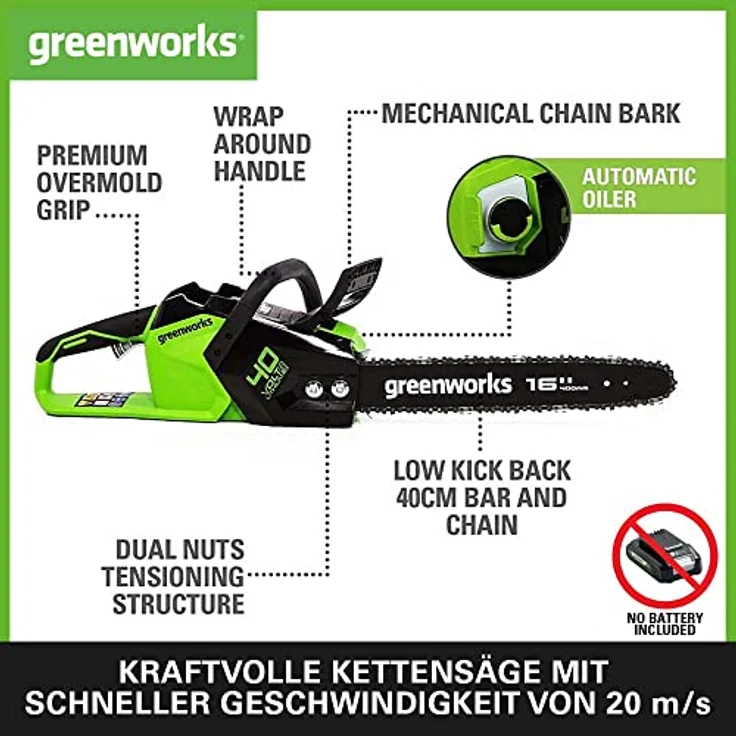 Greenworks Akku-Kettensäge GD40CS18 (Li-Ion 40V 20 m-s Kettengeschwindigkeit 1,8kW Power) – Bild 2