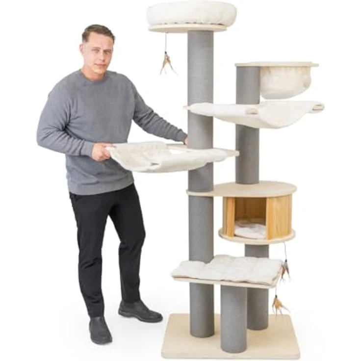 CanadianCat Company Kratzbaum Avery XXL, beige-anthrazit, 186 cm, stabiler Massivholz Katzenbaum mit Katzenhaus, Hängematten und 5 Ruheplätzen für große Katzen, kratzfest und pflegeleicht – Bild 2