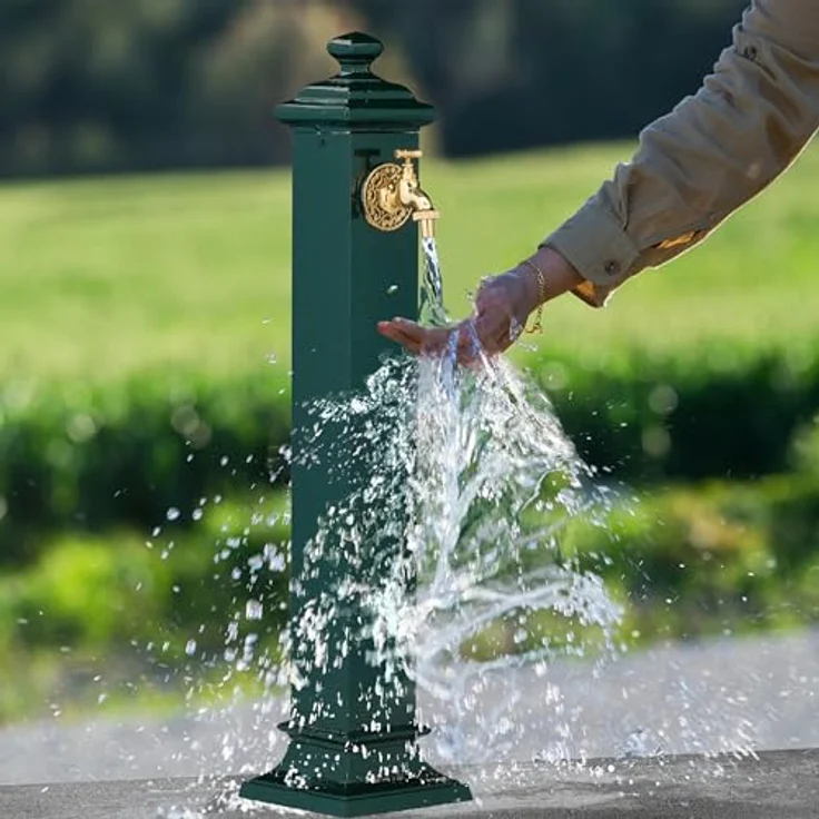 relaxdays Gartenbrunnen Standbrunnen Antik, nostalgisches Design in Dunkelgrün mit goldenem Wasserhahn, ideal für Garten und Terrasse – Bild 3