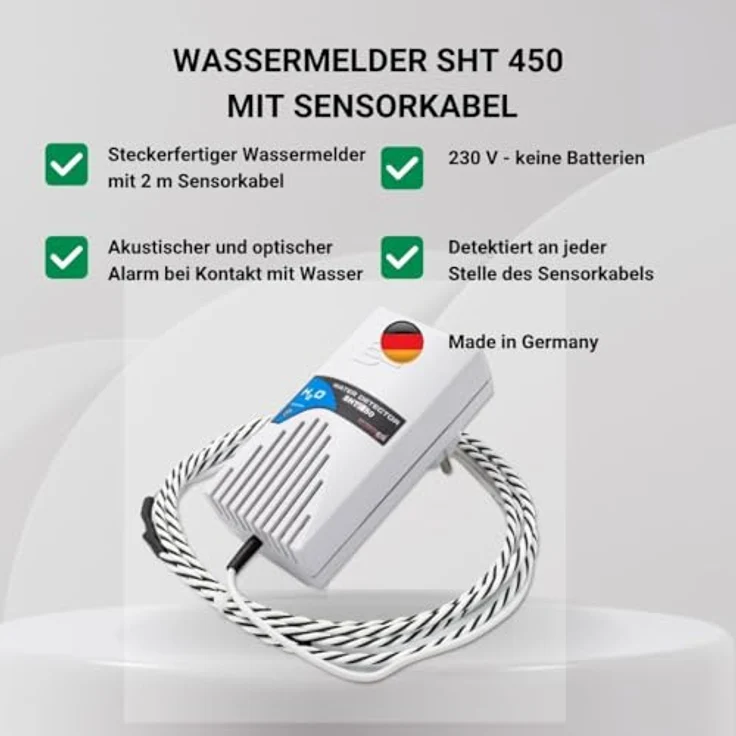 Schabus Wassermelder SHT 450, Sensorkabel 2m, Plugin-Steckdosengerät 230V, akustischer und optischer Alarm, Made in Germany – Bild 2