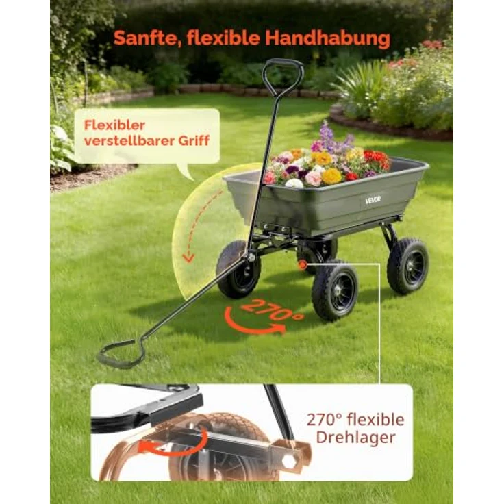 VEVOR Gartenwagen mit Kippfunktion, 272kg belastbarer Transportwagen mit 270° drehbarem Griff, 10 Zoll Kunststoffreifen, für Rasen, Kies & Schlamm – Bild 5