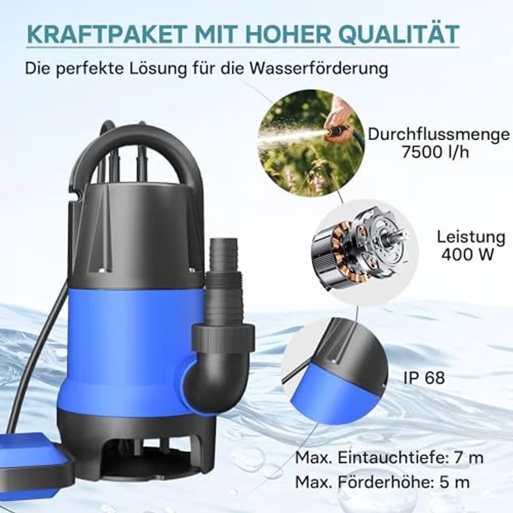 Wiltec Schmutzwasserpumpe 400 W 7500 l/h Tauchpumpe Gartenpumpe Brunnenpumpe Entwässerungspumpe, Leistungsstarke Schmutzwasserpumpe, hohe Fördermenge, robustes Kunststoffgehäuse, maximale Fremdkörpergröße 35 mm, einfache Handhabung und Installation – Bild 5