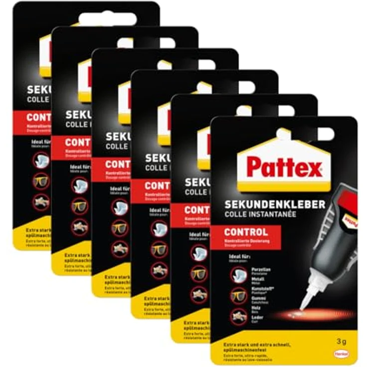 Pattex Sekundenkleber Matic, 6x3 g Flüssigkleber für extra schnelle, starke Sofortreparaturen, spülmaschinenresistent und lösemittelfrei – Bild 1
