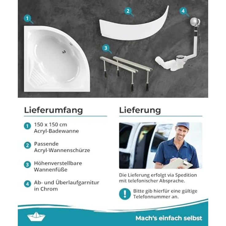 Calmwaters Eckbadewanne Curved Wellness 150x150 cm, mit Schürze, Wannenfüßen & Ablaufgarnitur, 300 l Wasserinhalt, erhöhte Sitzfläche – Bild 6