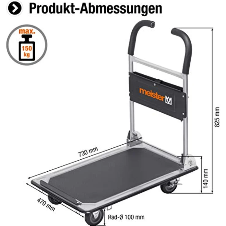 Meister Plattformwagen ''cut-off'' - Klappbar - Bis 150 kg Tragkraft - Feststellbremse - Transporthilfe mit Lenkrollen - Paketwagen mit Antirutsch-Beschichtung - Klappwagen aus Stahl - 8985620 – Bild 2