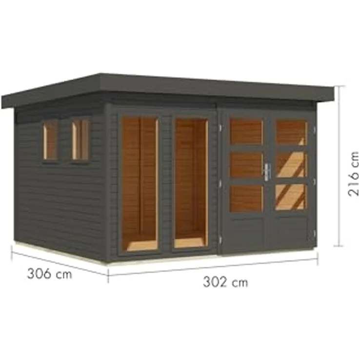 CHILLROI® Karibu Gartenhaus Pentus, lichtdurchflutetes Flachdach-Design aus nordischer Fichte, verschiedene Größen, terragrau, XL, inklusive Anbaudach – Bild 3