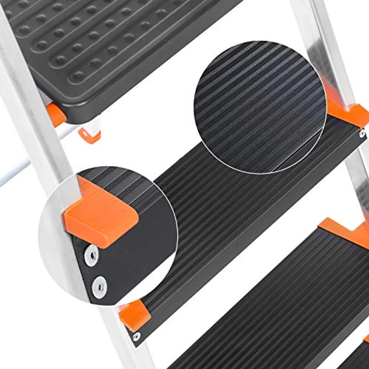 SONGMICS Leiter mit 4 Stufen, Aluleiter, 12 cm breite Stufen mit Riffelung, Anti-Rutsch-Füße, mit Handlauf, Werkzeugschale, bis 150 kg belastbar, schwarz-orange GLT04BK – Bild 5