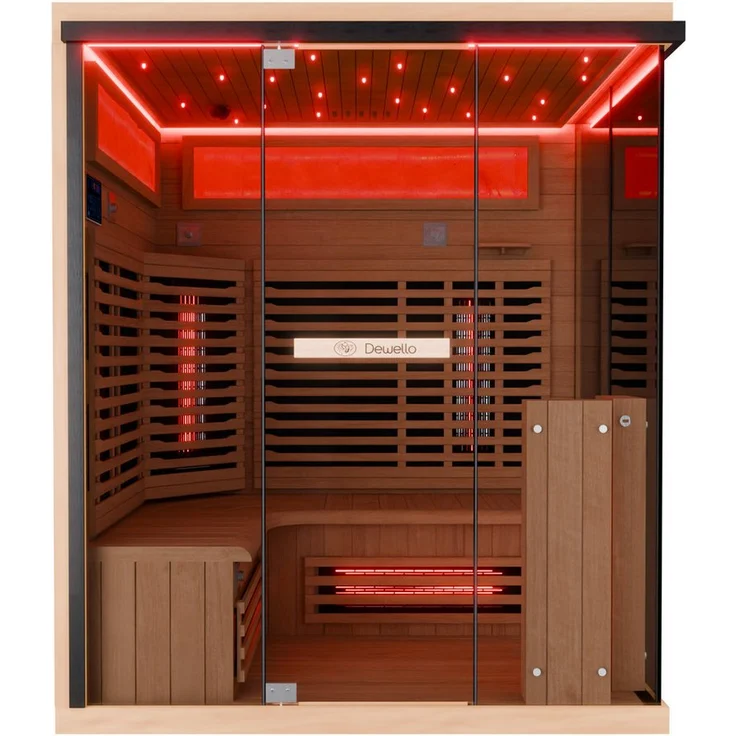 Dewello Sauna KENORA 160 Wärmekabine, 2-3 Personen, 6 Vollspektrumstrahler, (LED-Farblichttherapie inkl. Ionisator mit Ozondesinfektion und Aromatherapie, inkl. Ionisator mit Ozondesinfektion und Aromatherapie, Bluetooth & FM) – Bild 1