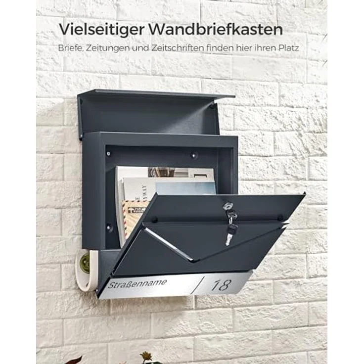 SONGMICS GMB080D01V1 Briefkasten personalisiert, abschließbar mit Namensschild und Hausnummernschild, anthrazit-silbern, wasserresistent, Zeitungsfach, V-förmiges Sichtfenster, einfache Montage – Bild 3
