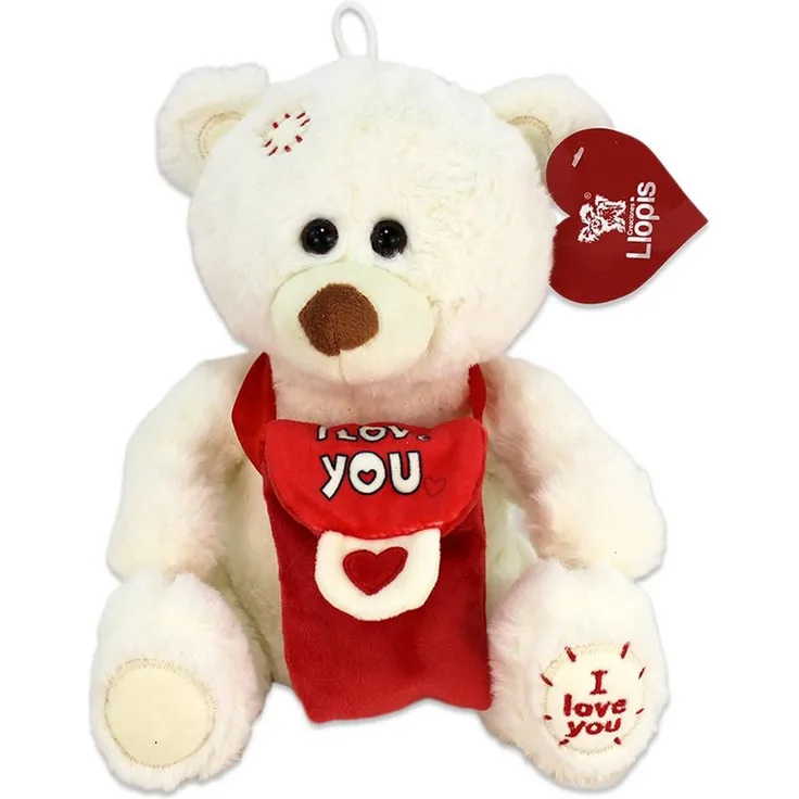 BEMIRO Tierkuscheltier Teddybär mit Tasche - ca. 25 cm, weißes flauschiges Fell, abnehmbare Tasche, I LOVE YOU Druck - Preisvergleich