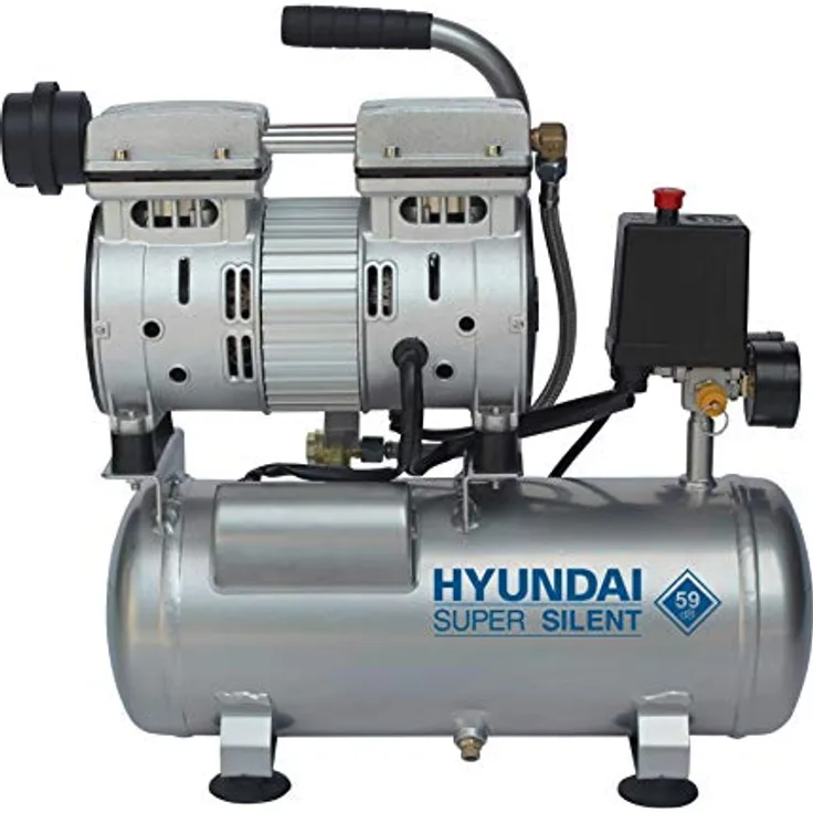 HYUNDAI Silent Kompressor SAC55751 (tragbarer Druckluftkompressor, ÖLFREI, Flüsterkompressor mit 59 dB(A), 6 L Druckbehälter, 8 bar, 550 W / 0.75 HP, Ansaugleistung 93 L/Min)