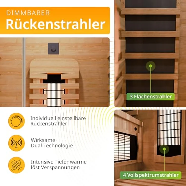 Artsauna Infrarotkabine Kiruna90 Premium Dual Technologie, für 1 Personen, Hemlockholz, Sound-System, Bluetooth, LED-Farblicht, Natur – Bild 4