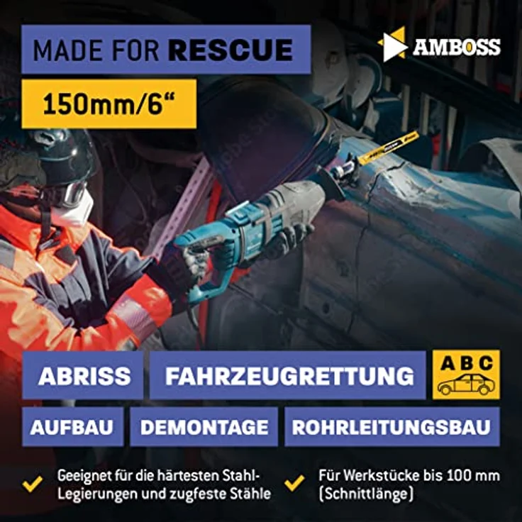 AMBOSS METAL SHOCK - 3x Säbelsägeblatt Länge 150 mm / 8 ZpZ - ideal für Abriss / Fahrzeugrettung / Aufbau / Demontage / Rohrleitungsbau - geeignet für Stahl (Rohre / Profile / Träger) sowie Gussrohre – Bild 5