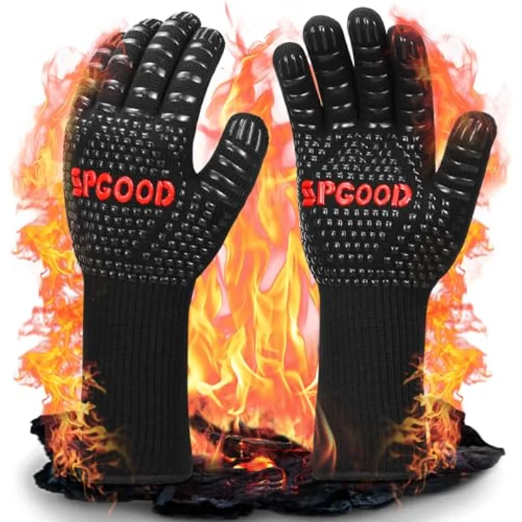 SPGOOD Grillhandschuhe, hitzebeständig bis 800 Grad, feuerfeste Koch- und Backhandschuhe, rutschfest, Schwarz, L/XXL