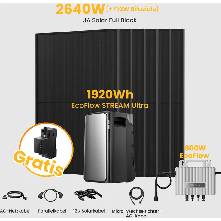 EcoFlow STREAM Ultra Balkonkraftwerk Set, 1920Wh Speicher mit 6x 440W Solarmodulen und 800W Mikro-Wechselrichter
