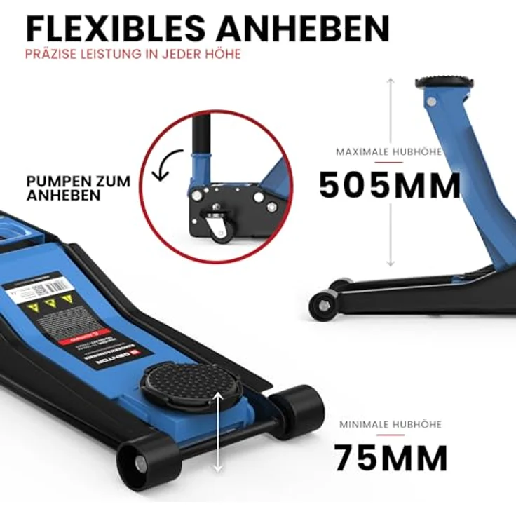 GENTOR Wagenheber 3T Ultra Flach, hydraulischer Rangierwagenheber für PKW & SUV, hellblau, 75 mm Unterfahrhöhe, 505 mm Hubhöhe, Doppelzylinder-Quicklift – Bild 4