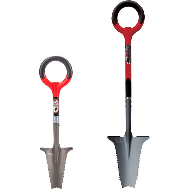 Root Slayer® Wurzelspaten Set, 2-teilig (Wurzelspaten + Mini Wurzelspaten), ergonomischer Multifunktionsspaten mit Trapezklinge und Zähnen zum Wurzelschneiden, pulverbeschichtet
