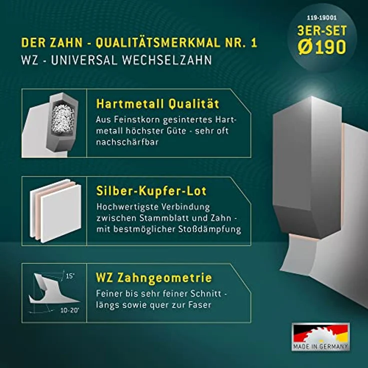 HOLZ ALLROUND Bayerwald Hand-Kreissägeblatt Set Ø 190 (3 tlg.) - für Tischlerplatten, Spanplatten, Holz Querschnitt etc. - Geeignet für Handkreissägen u.a. mit Bosch GKS 165 GKS 55. Makita DHS630Z – Bild 5