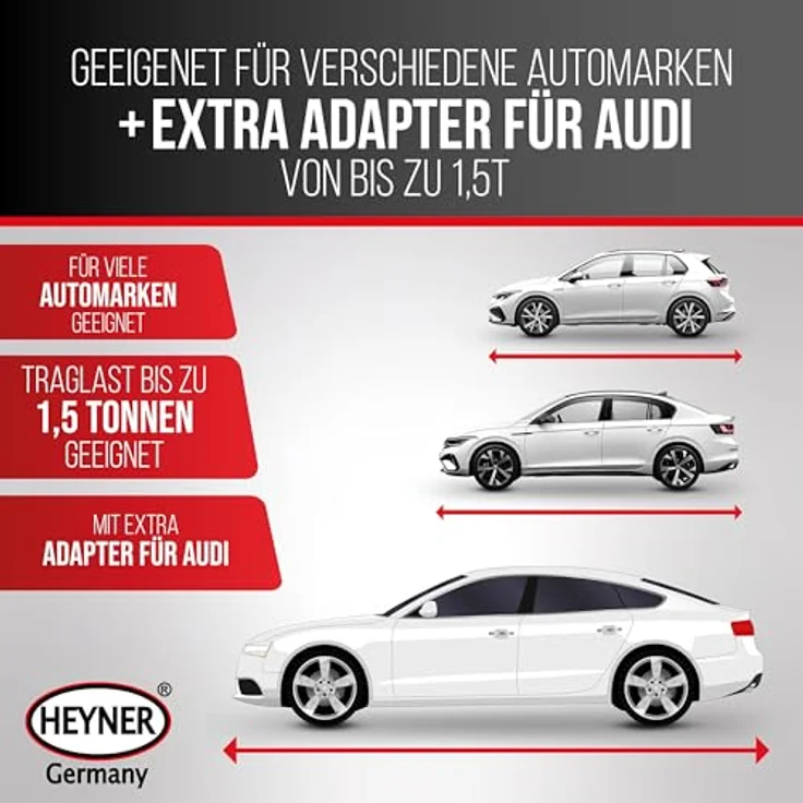 HEYNER® Multi Lift M Black, Scherenwagenheber 1,5t mit individueller Gummiauflage für Audi, höhenverstellbar 135–415 mm, drehbarer Sattel, inkl. Comfort-Verlängerung und Ratsche, Tasche, GS-geprüft – Bild 5