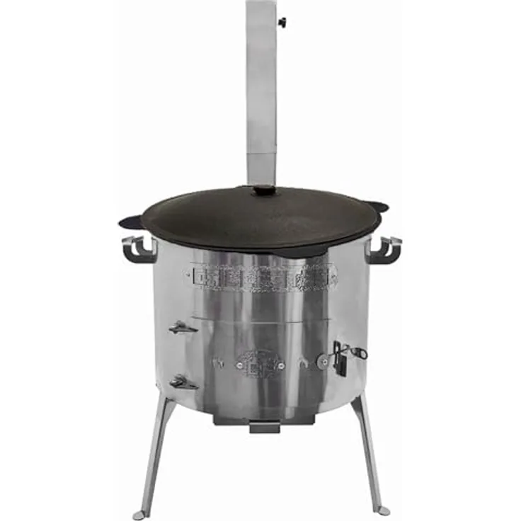 Grillpeter Utschak Edelstahl 2mm mit Rauchrohr Timur und Kazan Gusseisen 12L, Silber
