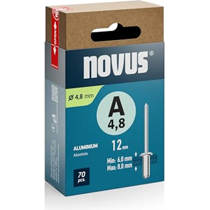 Novus Tools Aluminium-Blindnieten Ø 4,8 mm, 12 mm Länge, 70 Stück, 6,0-8,0 mm Klemmlänge für Nichteisen-Metall, Kunststoff, Leder und Stoffe – Bild 1