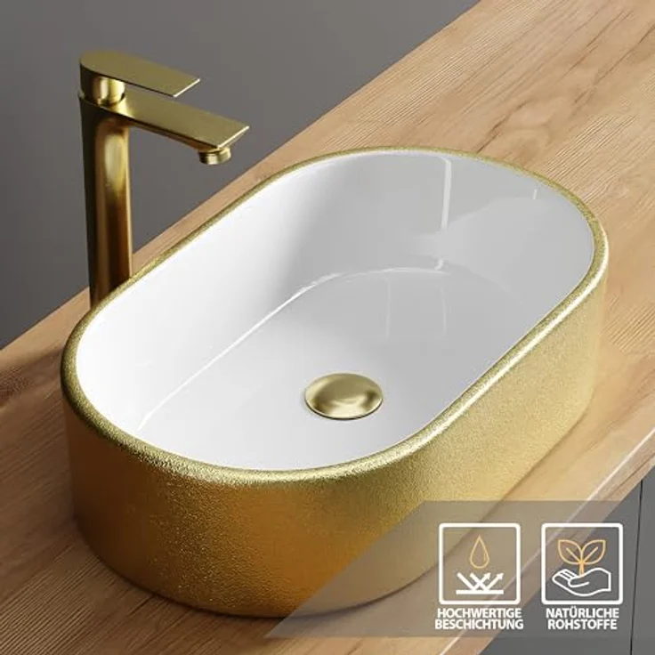 Planetmöbel Aufsatzwaschbecken Aquil, ovales Badezimmer Waschbecken 55 cm, glänzende goldene Oberfläche für Waschtisch – Bild 2