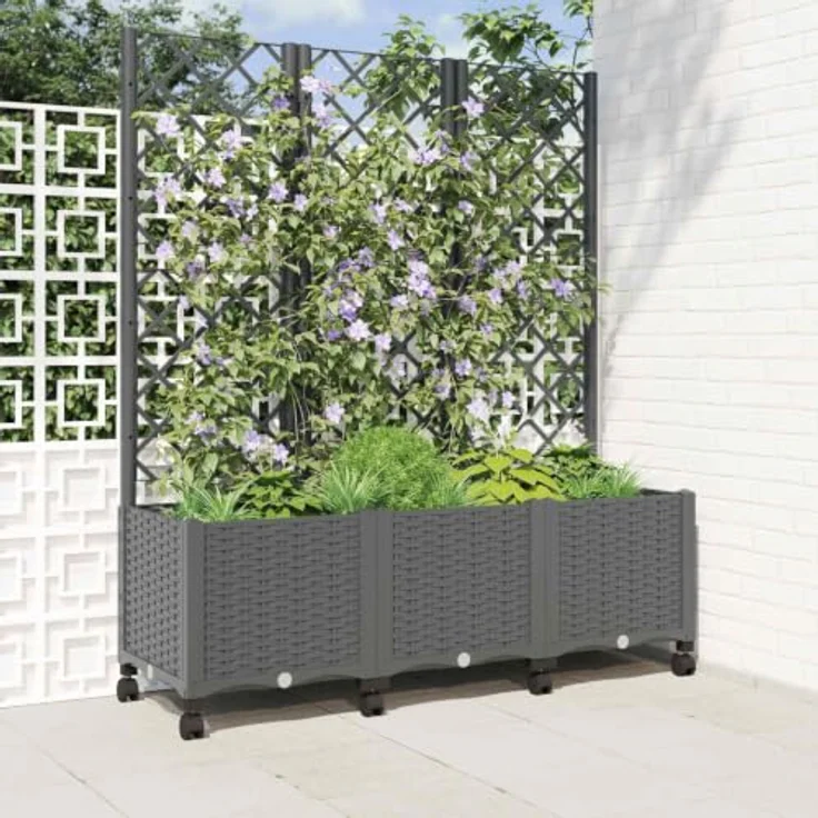 vidaXL Pflanzkübel mit Spalier und Rädern, hellgrau, wetterfestes Polypropylen, 120 x 40 x 146 cm – Bild 2