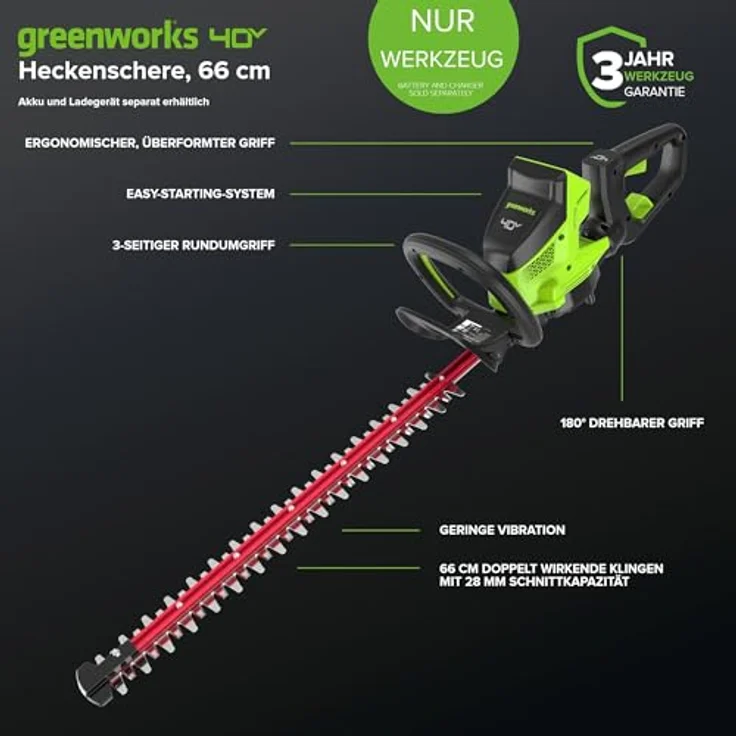 Greenworks Heckenschere, drahtlose Doppelmesser-Heckenschneider, 66 cm, bis 28 mm, 3400 SPM, ohne Akku – Bild 2
