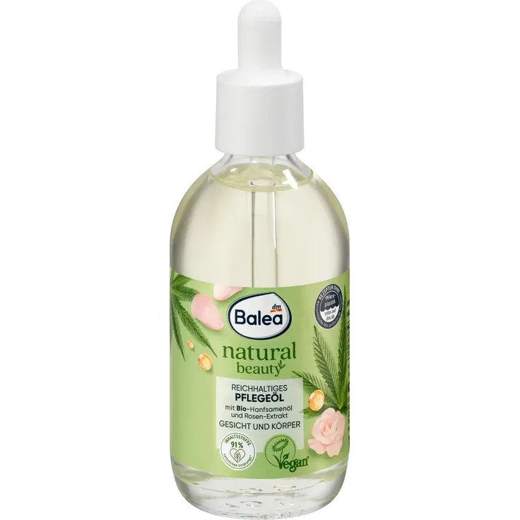 Balea Natural Beauty Pflegeöl mit Bio-Hanfsamenöl & Rosen-Extrakt, 100 ml – natürliche Körperpflege